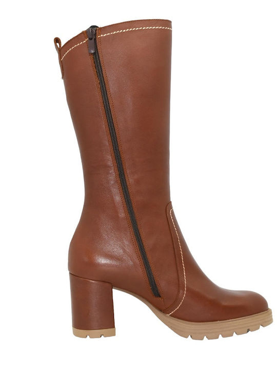 Leather Medium Heel Women's Boots with Zipper Brown