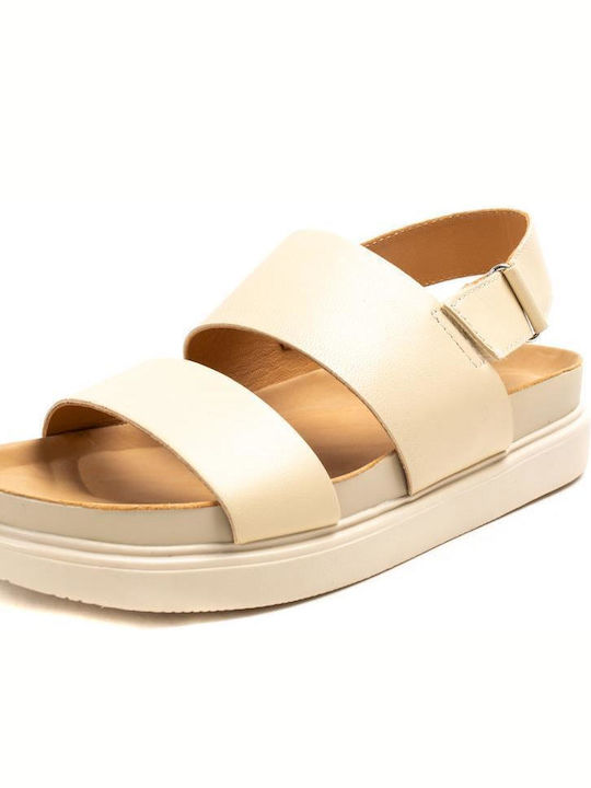 Leather Women's Flat Sandals in Beige Color