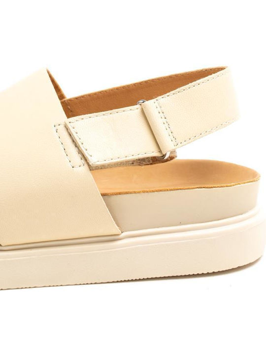 Leather Women's Flat Sandals in Beige Color