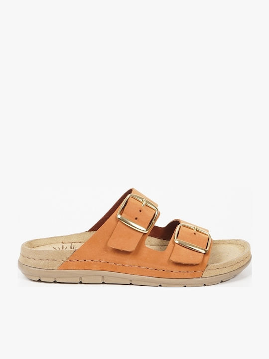 Leder Flache Sandalen für Damen mit Riemen in Tabac Braun Farbe