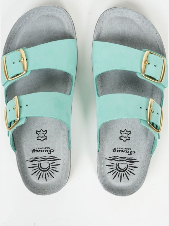 Leather Women's Flat Sandals in Turquoise Color
