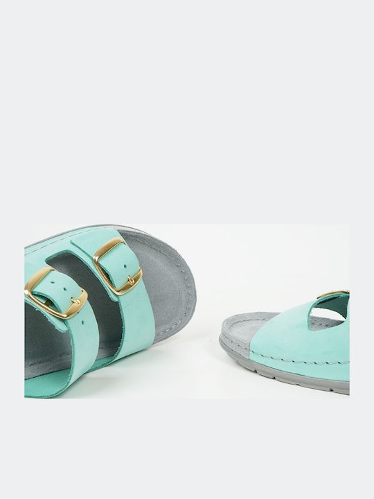 Leather Women's Flat Sandals in Turquoise Color