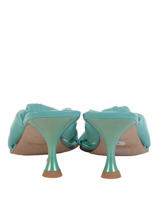 Leather Mules with Thin High Heel in Green Color