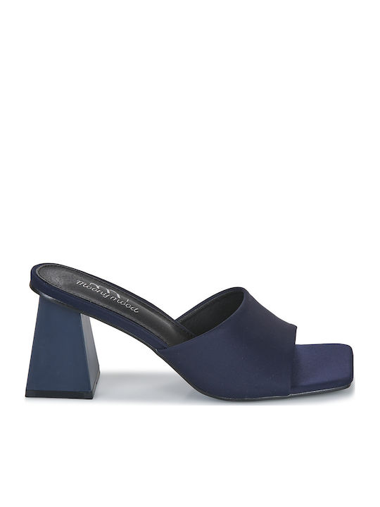 Malixia Mules με Χοντρό Ψηλό Τακούνι σε Navy Μπλε Χρώμα