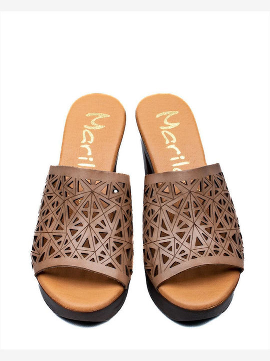 Leather Mules with Heel in Beige Color