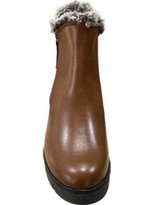 Leather Women's Ankle Boots with Fur Tabac Brown