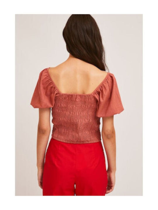 Women's Summer Blouse Cotton Short Sleeve Pink