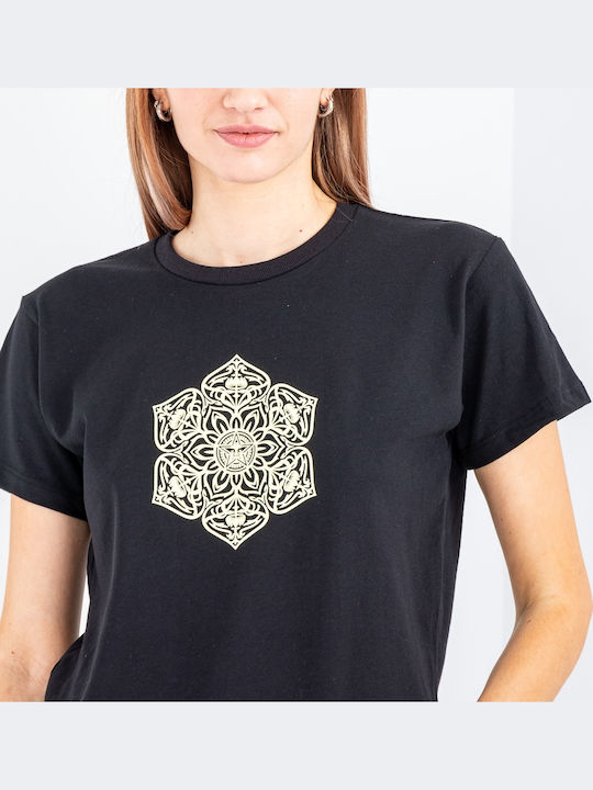 Mandala Stencil Устойчив Дамска Тениска Черна