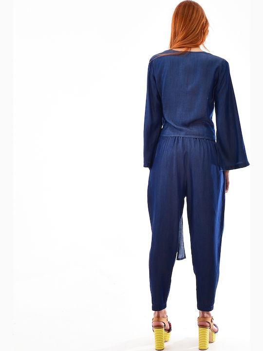 Blouse Γυναικεία Μπλούζα Βαμβακερή με Μανίκι 3/4 & V Λαιμόκοψη Dark Blue
