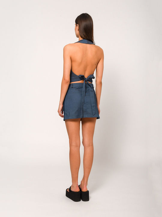 Women's Summer Blouse Sleeveless with V Neckline Jeans Blue