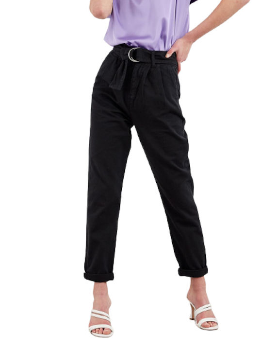 High Waist Women's Jean Trousers in Paperbag Fit Black