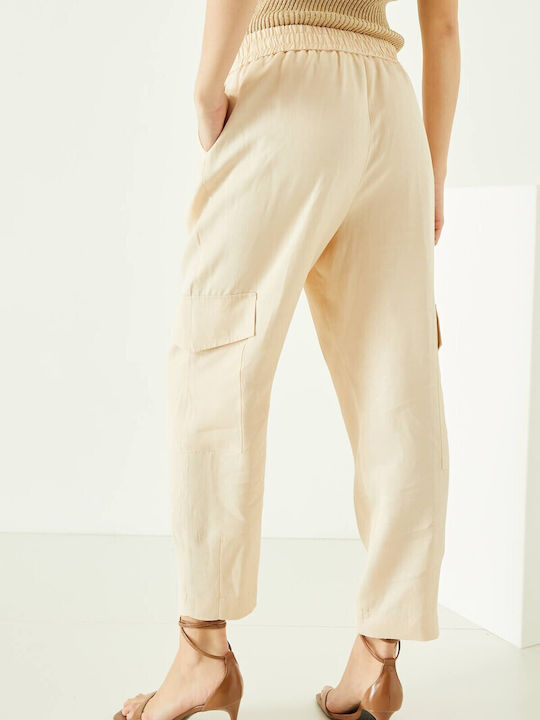 Damen Stoff Cargo Hose mit Gummizug Beige