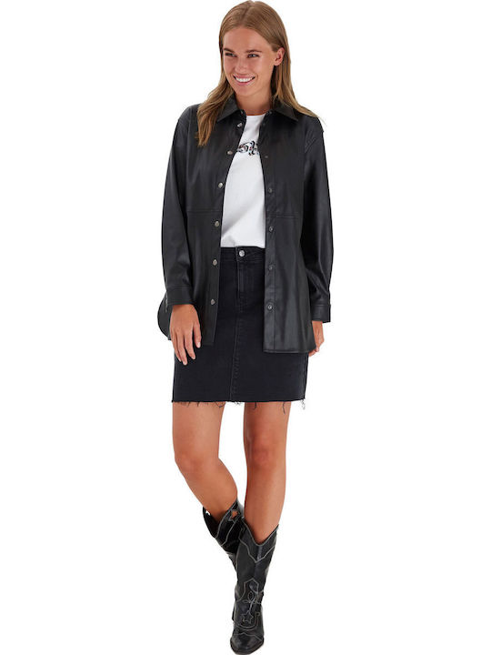 Langärmelig Damen Leder Hemd Black (80001/black) Monochrom