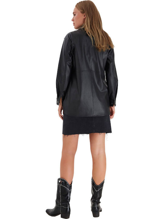 Langärmelig Damen Leder Hemd Black (80001/black) Monochrom