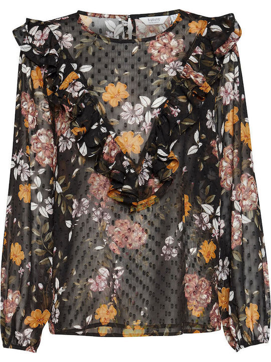 Langärmelig Damen Hemd Black Blumen