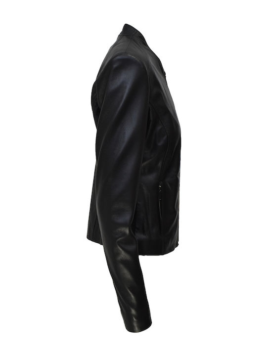 Women's Short Biker Leather Jacket for Winter Black