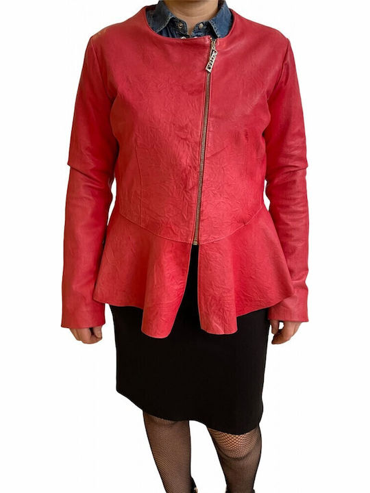 Women's Short Biker Leather Jacket for Winter Red