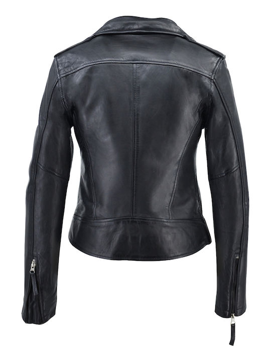Women's Short Lifestyle Leather Jacket for Winter BLACK