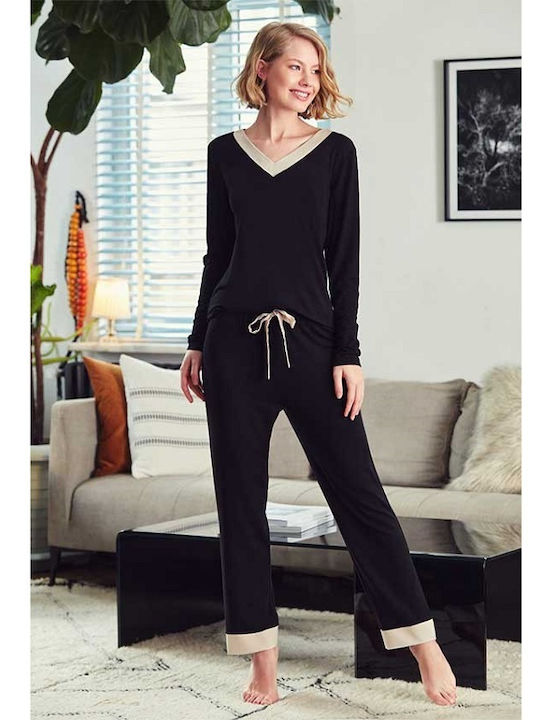 Penye Mood Winter Damen Pyjama-Set Schwarz