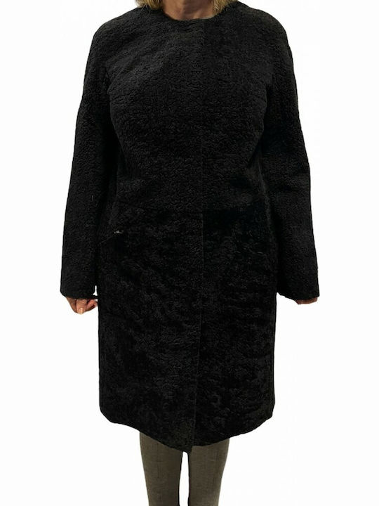 Mouton Damen Schwarz Mantel mit Fellbesatz