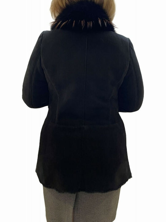 Mouton Damen Schwarz Mantel mit Fellbesatz