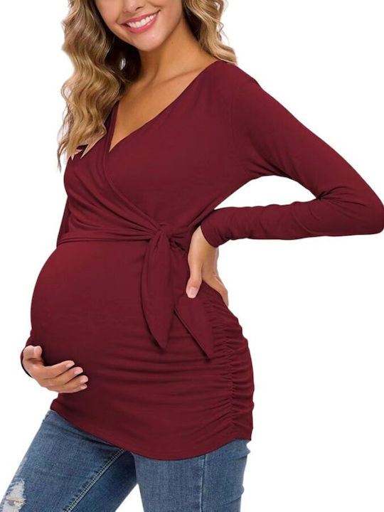 Women's Long Sleeve Nursing Maternity Top Burgundy Polyester-cotton