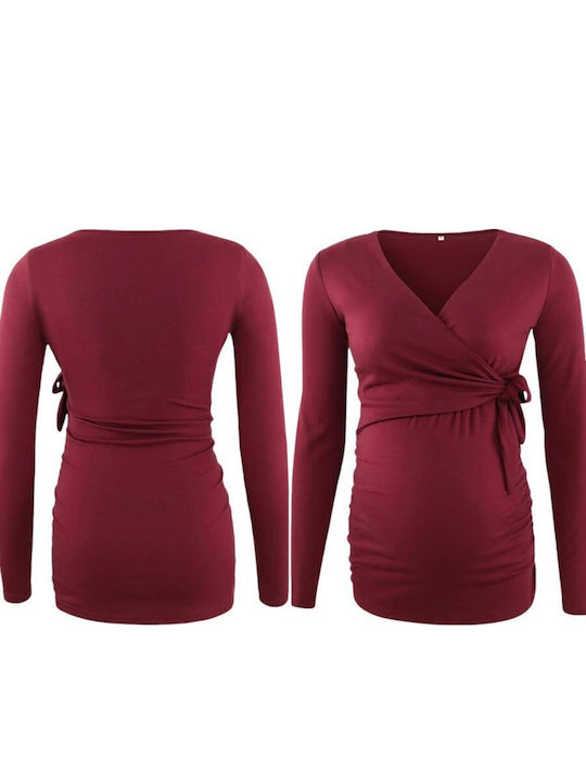 Women's Long Sleeve Nursing Maternity Top Burgundy Polyester-cotton