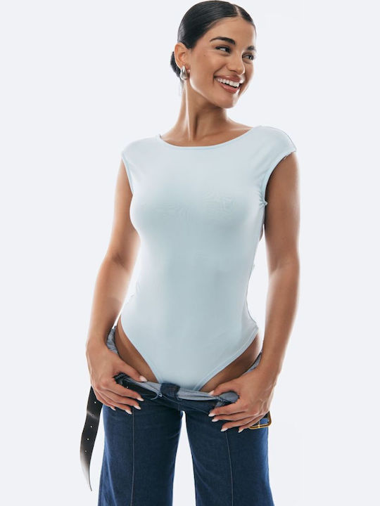 Bodysuit Open Back Rhinestones Sky Blue One Size