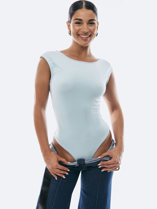 Bodysuit Open Back Rhinestones Sky Blue One Size