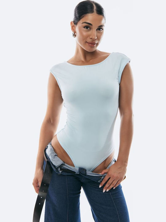 Bodysuit Open Back Rhinestones Sky Blue One Size