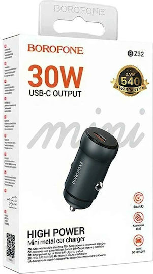 Borofone BZ32 Auto-Ladegerät 30W Schnellladung mit einem Anschluss: 1xType-C Gray Farbe