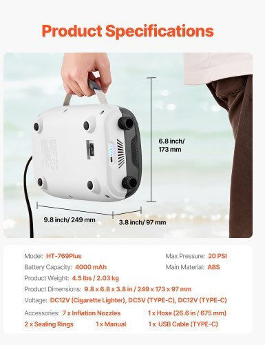 Vevor Paddle Board Pump Rechargeable Battery-Powered 20psi Dual Stage SUP Pump