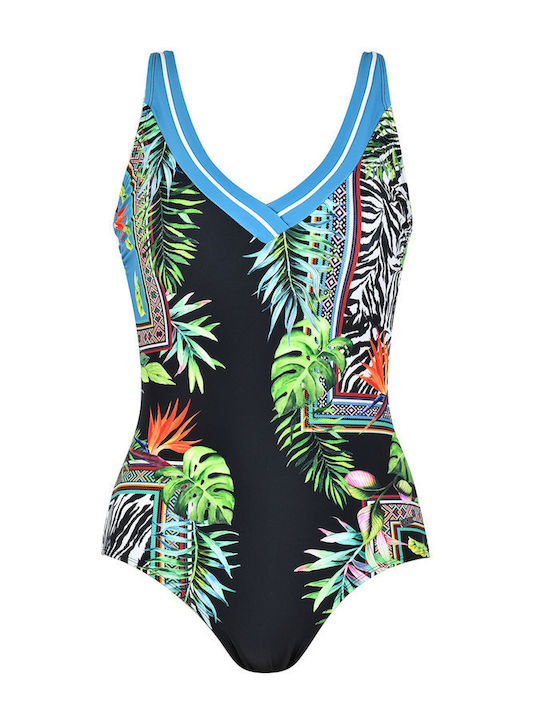 One-Piece Swimsuit Floral Black/turquoise