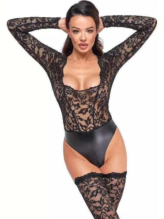 Noir Handmade Bodysuit Sexy Cu Transparență și Dantelă Negru