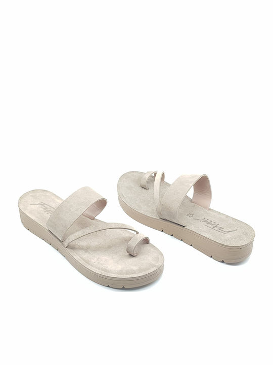 Leder Flache Sandalen für Damen in Beige Farbe