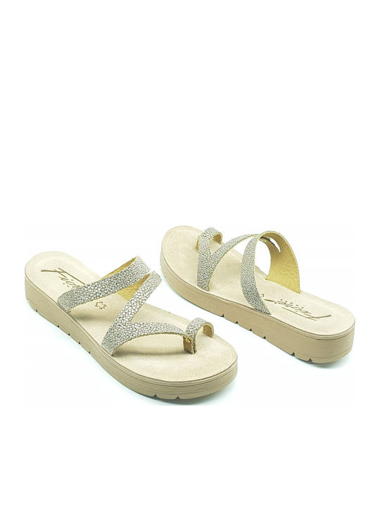 Leather Women's Flat Sandals in Gold Color