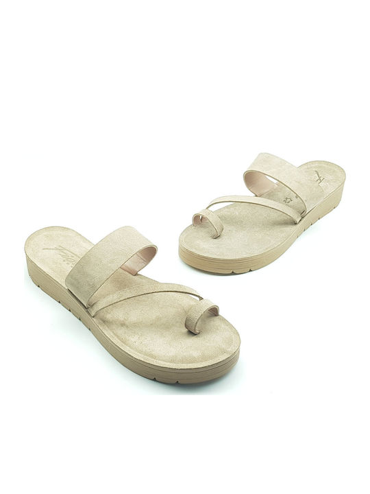 Leder Flache Sandalen für Damen in Beige Farbe