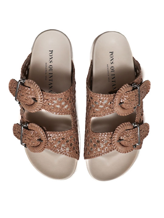 Leather Women's Flat Sandals in Brown Color