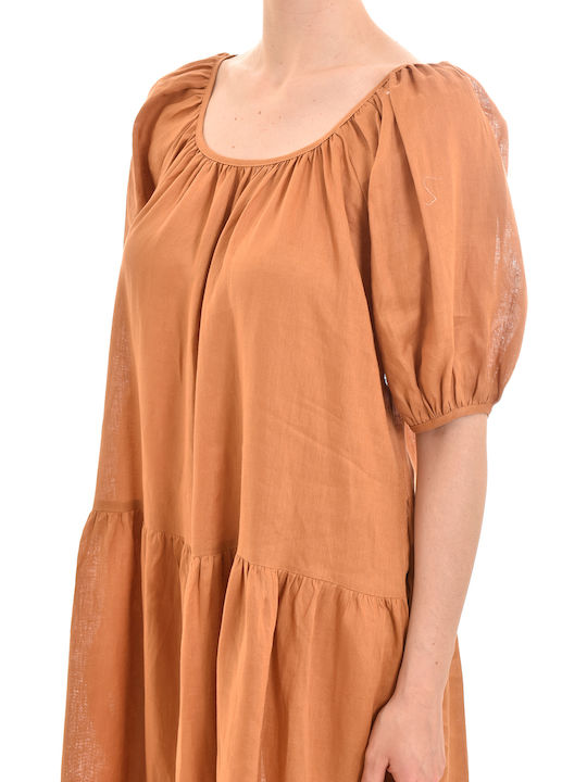 Milla Long Frilled Linen Dress Puffed Sleeves-chocola Καφέ S22m-130261-010