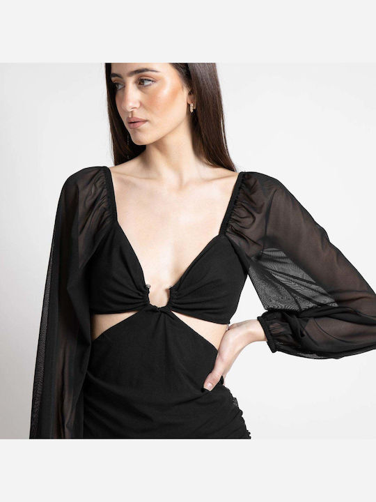 Rochie Mini Detalii în Piept Negru