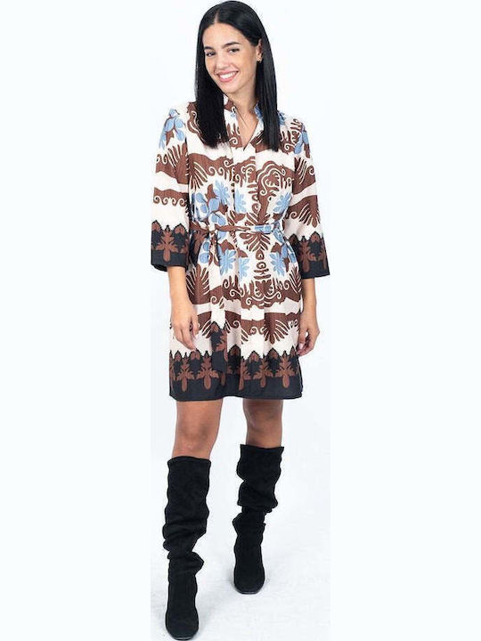 Jacquard Mini Dress with Brown Belt