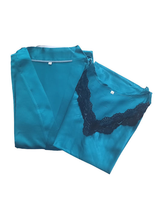 Satin Blue Short Sleeve Robe Set Nightgown with Straps
