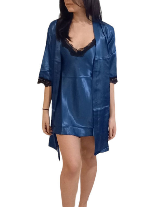 Satin Blue Short Sleeve Robe Set Nightgown with Straps