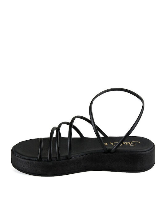 Sandale Flatform Din Piele Neagră Handmade