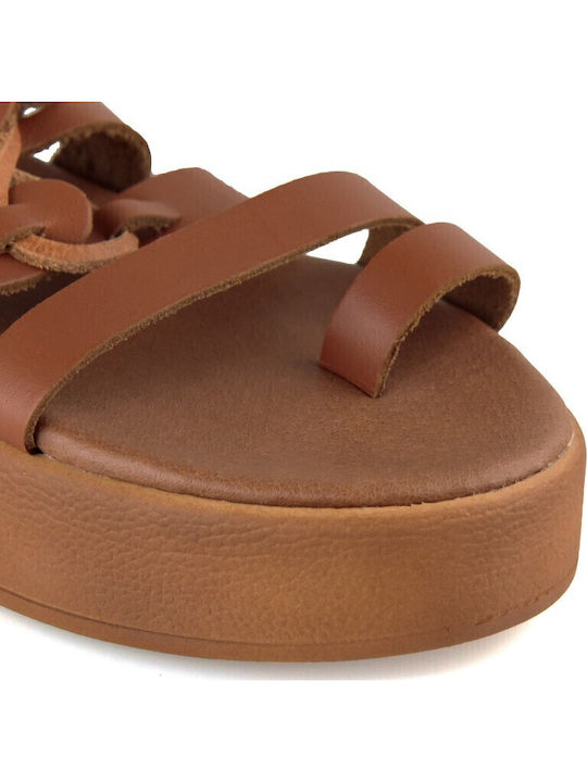 Camel Δερμάτινο Χειροποίητο Flatform Σανδάλι Λουράκια