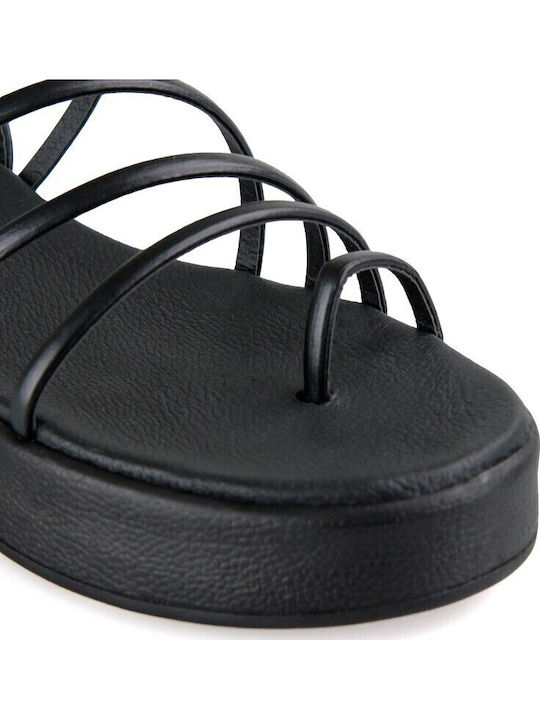 Sandale Flatform Din Piele Neagră Handmade