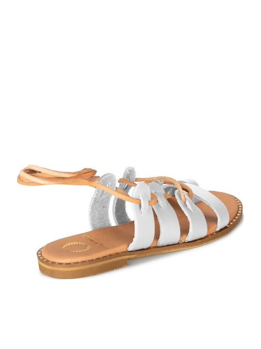 Sandale Casual Damă din Piele Albă Handcrafted cu Șireturi și Bile