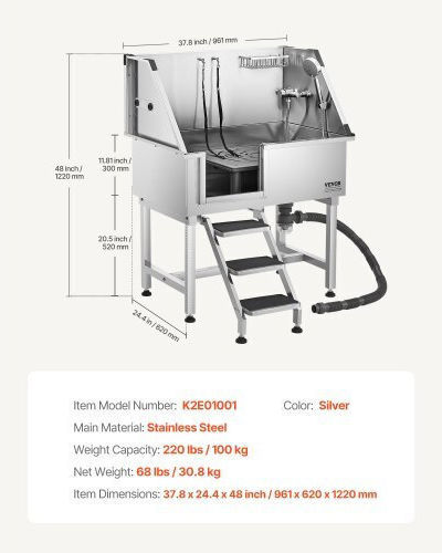 Vevor Dog Grooming Bathtub Stainless Steel Stairs Faucet Left Door 96.5 cm Bxgcwyg38czj4vwjjv0
