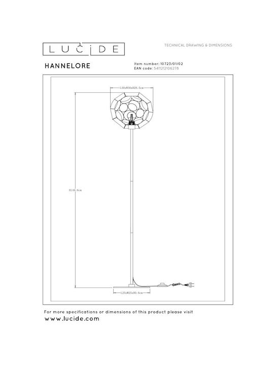 Lucide Lightning Hannelore Подова Лампа В149.6xД30см. с Цокъл за Крушка E27 Жълт