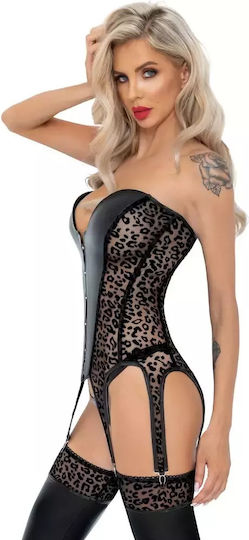 Black Sexy Leopard Print Corset 6 Suspender Straps Black L